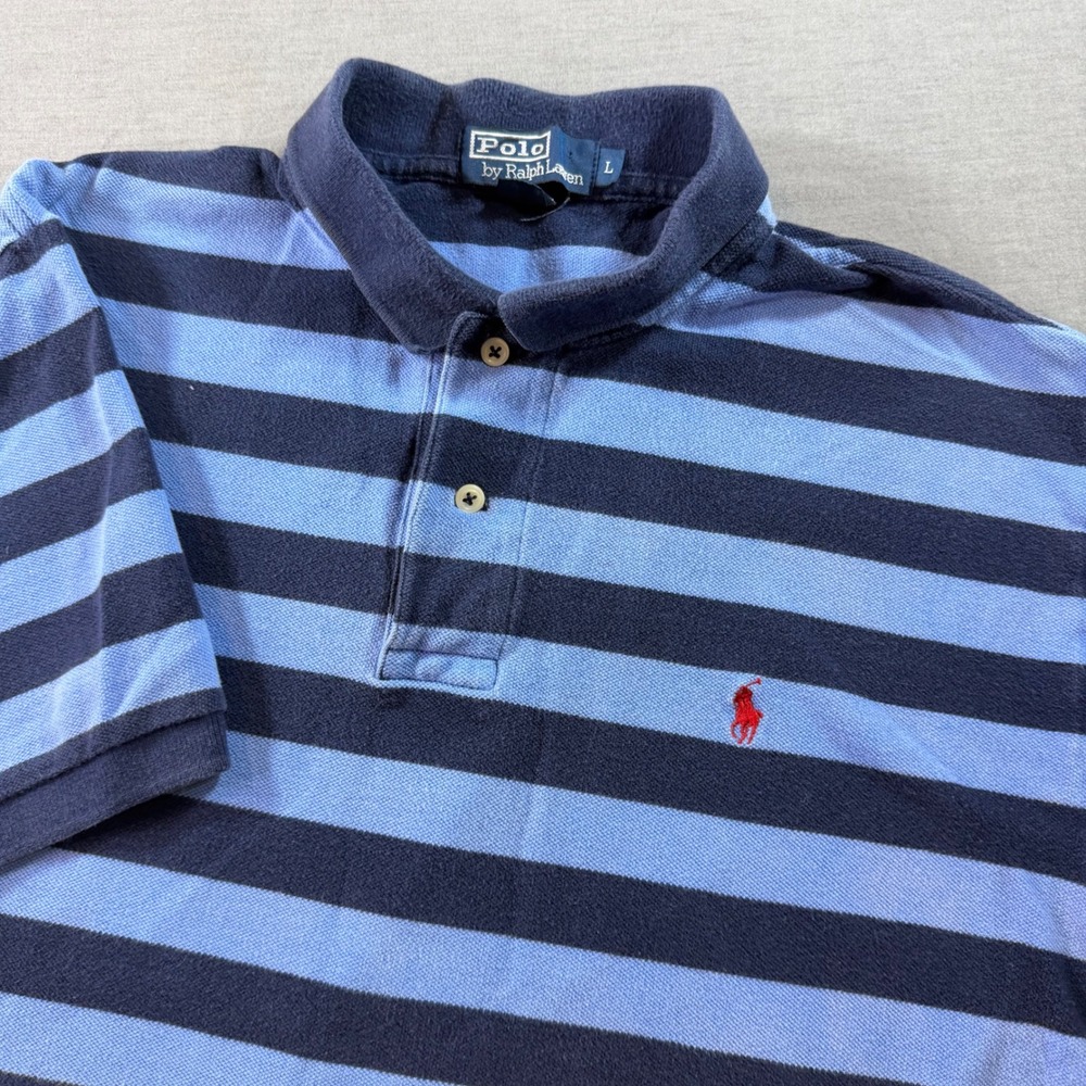 Polo Ralph Lauren Polo Shirt Mens L Blue Excellent Striped Short Sleeve Cotton - Picture 1 of 6